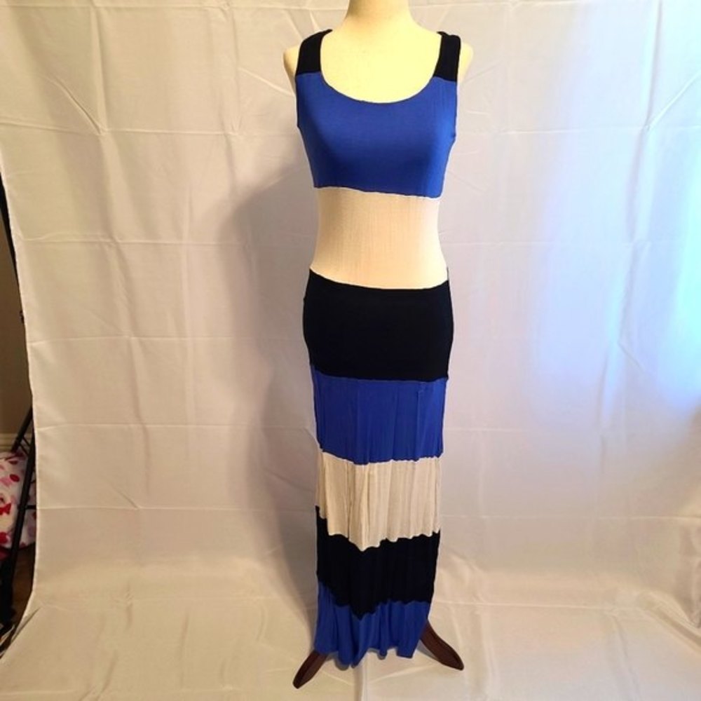 INC black blue and white stripped razor back long dress size small